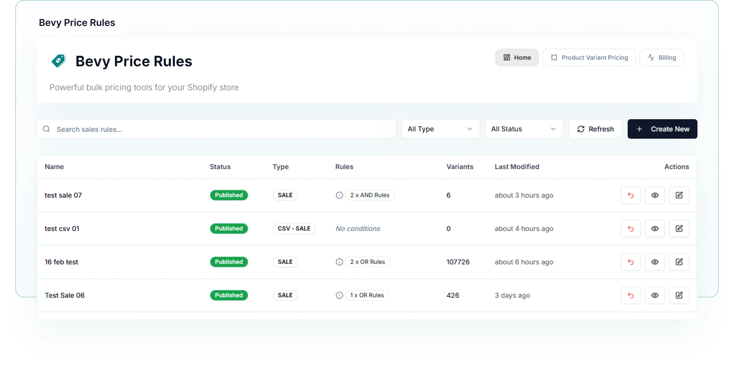 Bevy Price Rules dashboard listing sales rules with status, type, variants and last modified