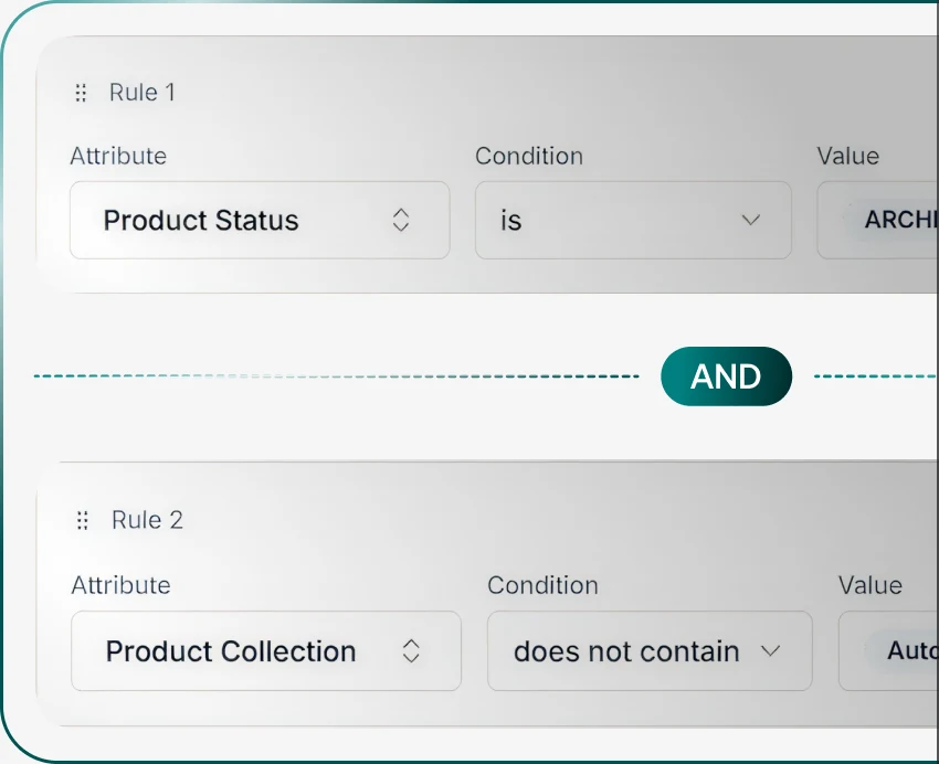Bevy Price Rules condition builder combining two product rules with AND