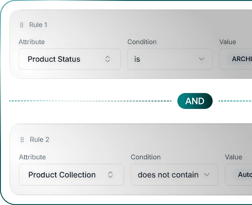 Bevy Price Rules condition builder combining two product rules with AND