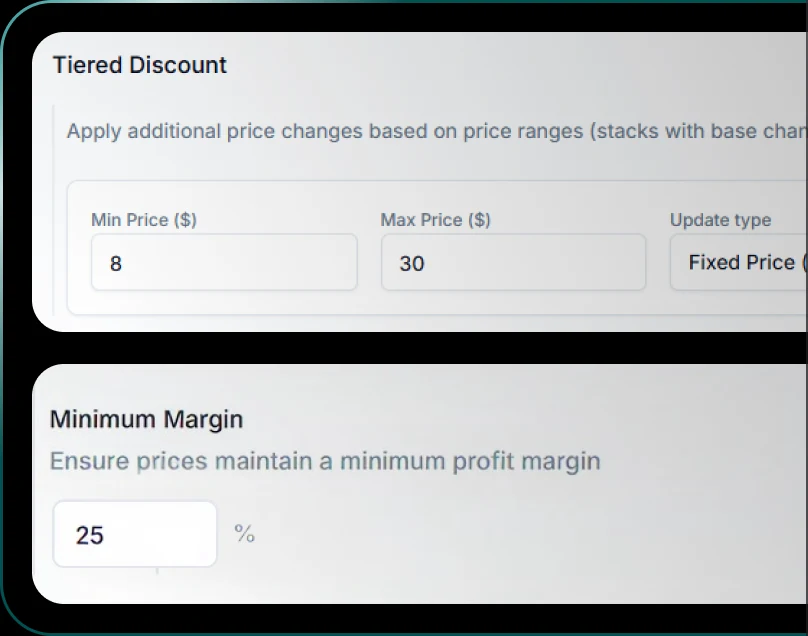 Tiered discount settings with price range rows and a minimum margin field