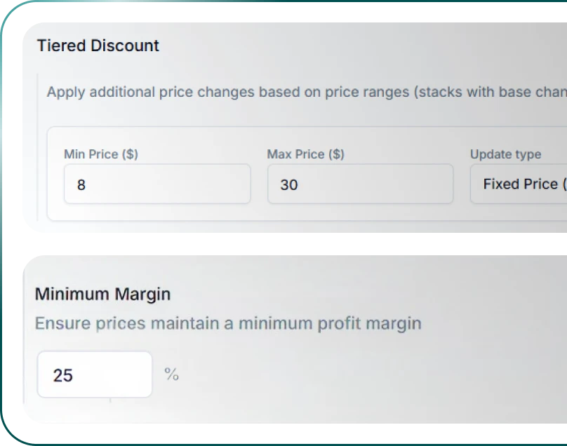 Tiered discount settings with price range rows and a minimum margin field