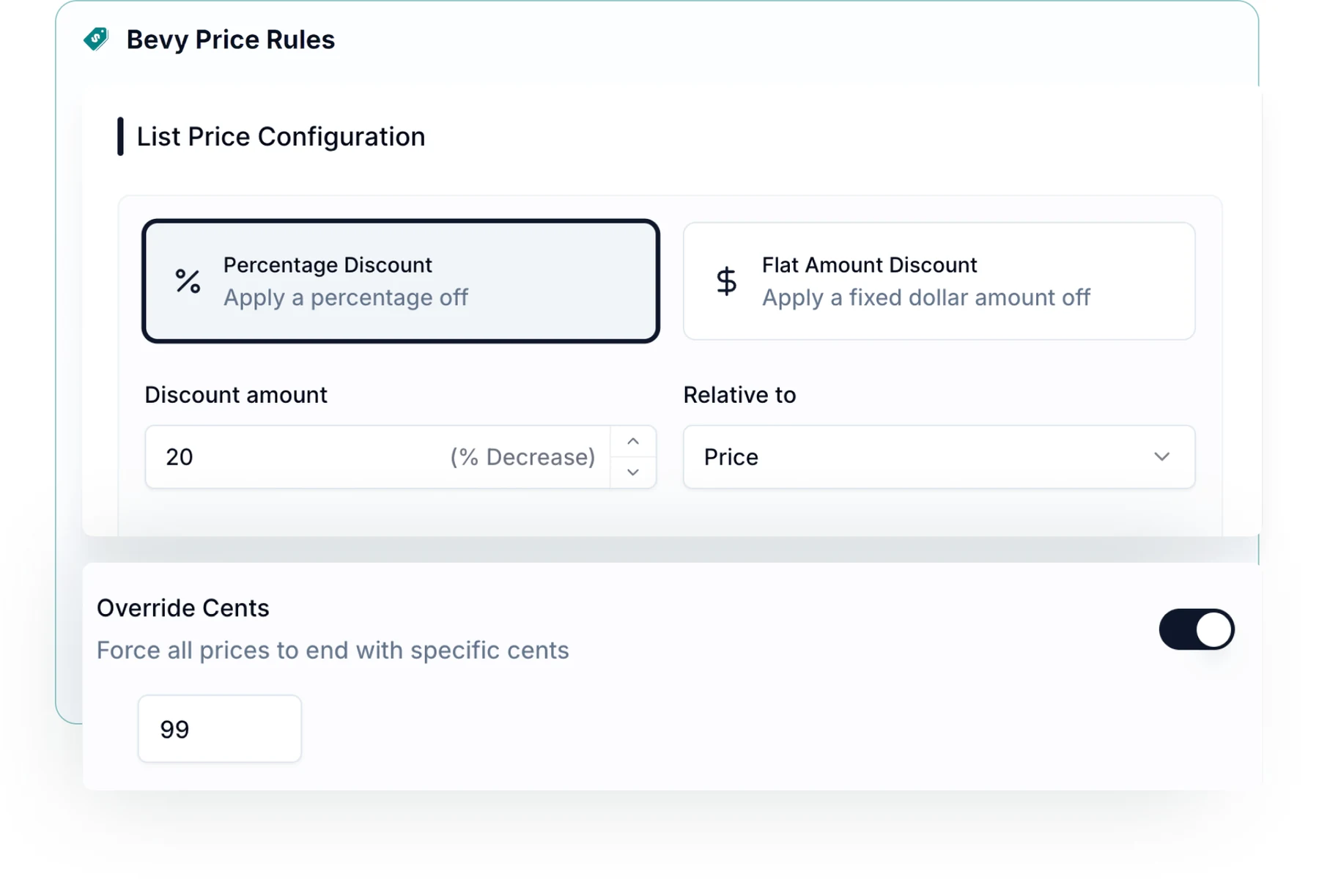 List price configuration with percentage discount, discount amount and override cents settings