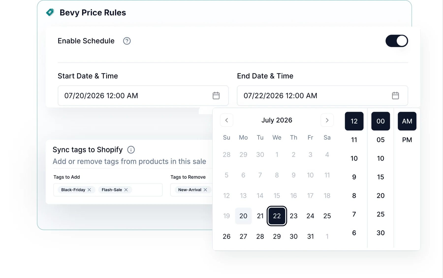 Schedule settings with start and end date pickers and Shopify tag syncing