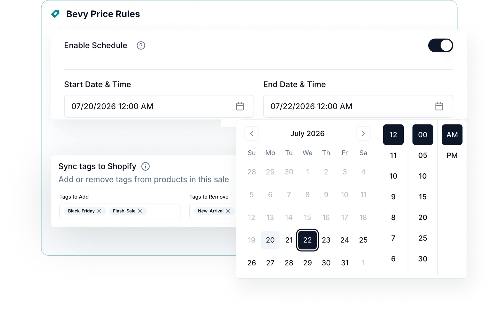 Schedule settings with start and end date pickers and Shopify tag syncing